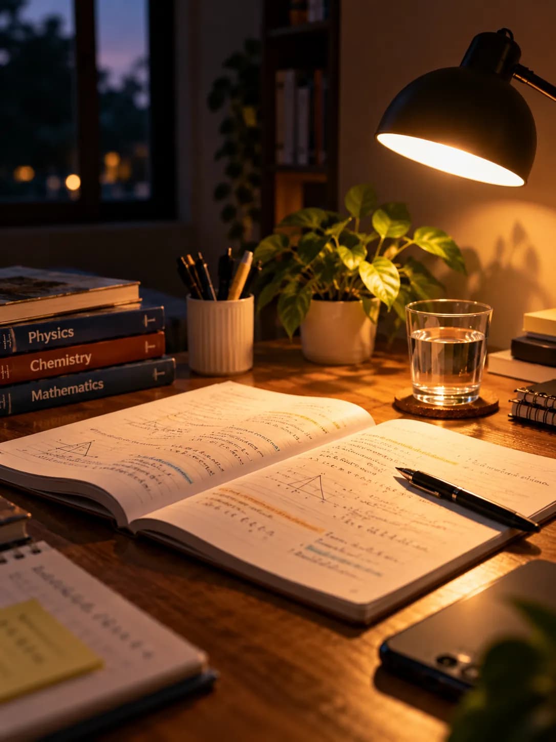 A study desk at night with Physics, Chemistry and Mathematics books